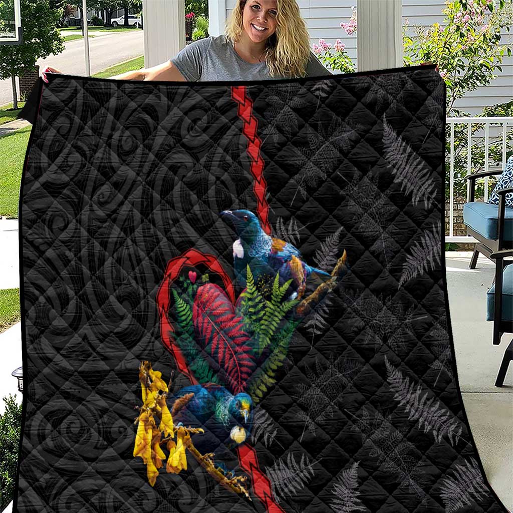 New Zealand Tui Birds Love Couple Quilt The Heart of Silver Fern Leaves and Maori Tattoo Pattern