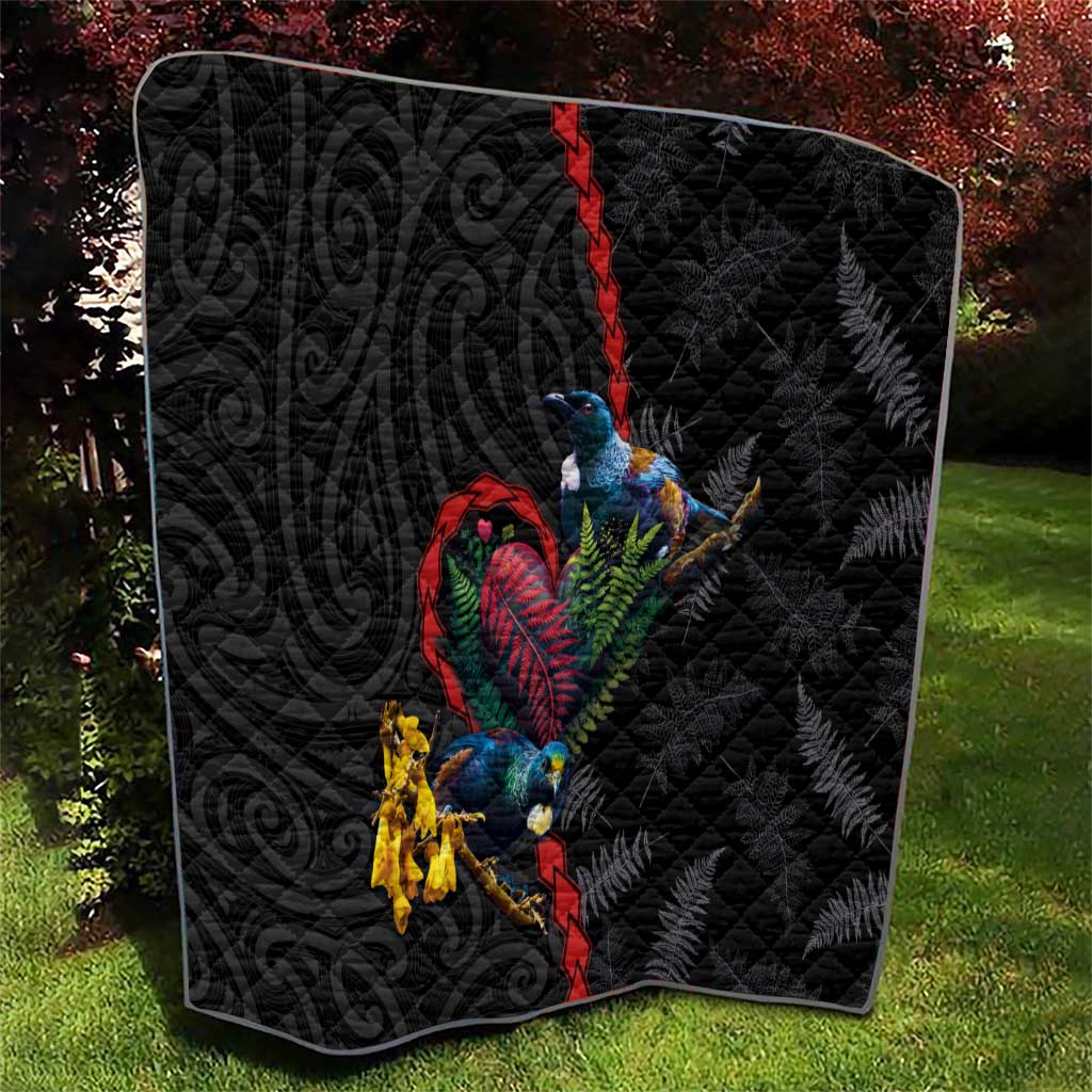 New Zealand Tui Birds Love Couple Quilt The Heart of Silver Fern Leaves and Maori Tattoo Pattern