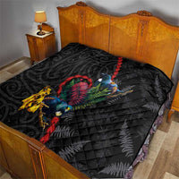 New Zealand Tui Birds Love Couple Quilt The Heart of Silver Fern Leaves and Maori Tattoo Pattern