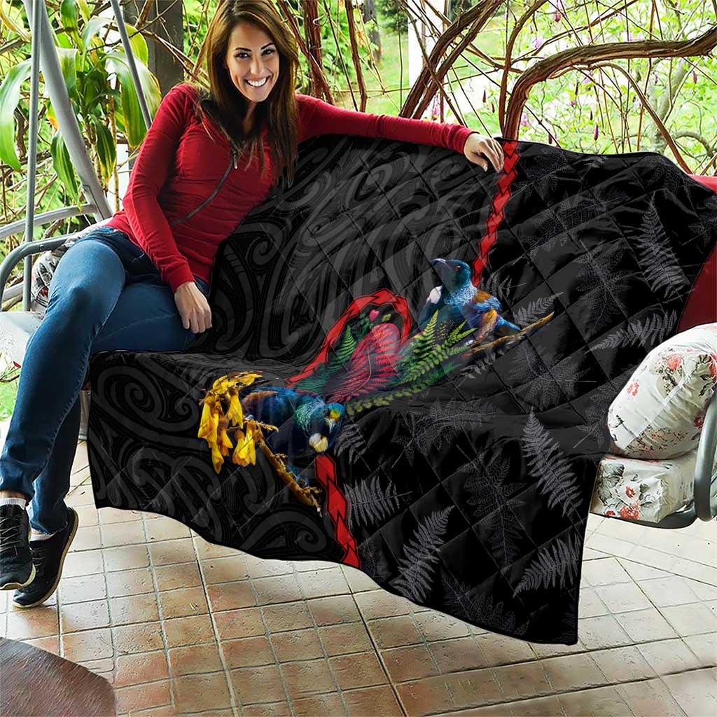 New Zealand Tui Birds Love Couple Quilt The Heart of Silver Fern Leaves and Maori Tattoo Pattern