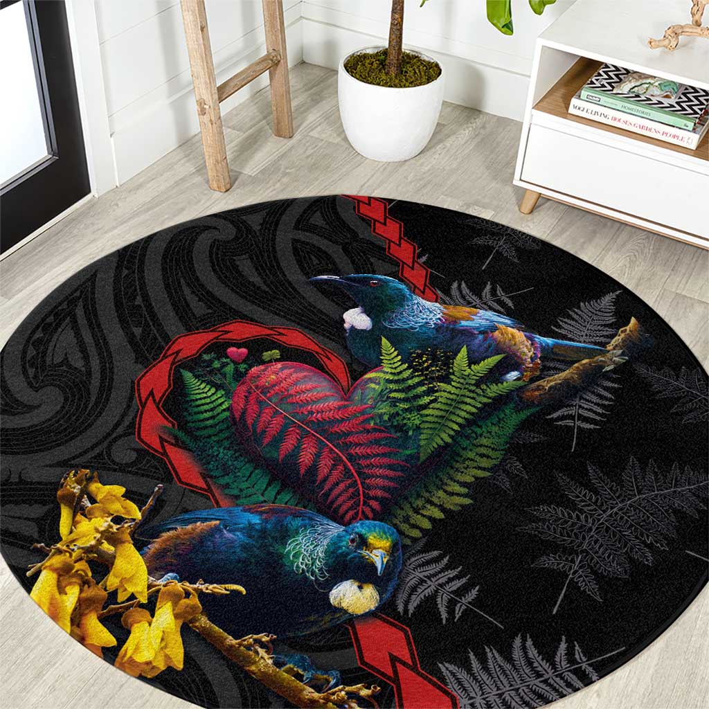 New Zealand Tui Birds Love Couple Round Carpet The Heart of Silver Fern Leaves and Maori Tattoo Pattern