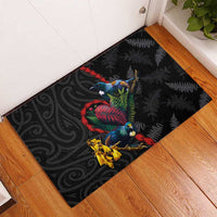 New Zealand Tui Birds Love Couple Rubber Doormat The Heart of Silver Fern Leaves and Maori Tattoo Pattern