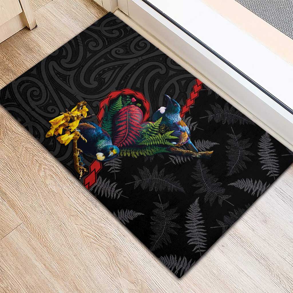 New Zealand Tui Birds Love Couple Rubber Doormat The Heart of Silver Fern Leaves and Maori Tattoo Pattern