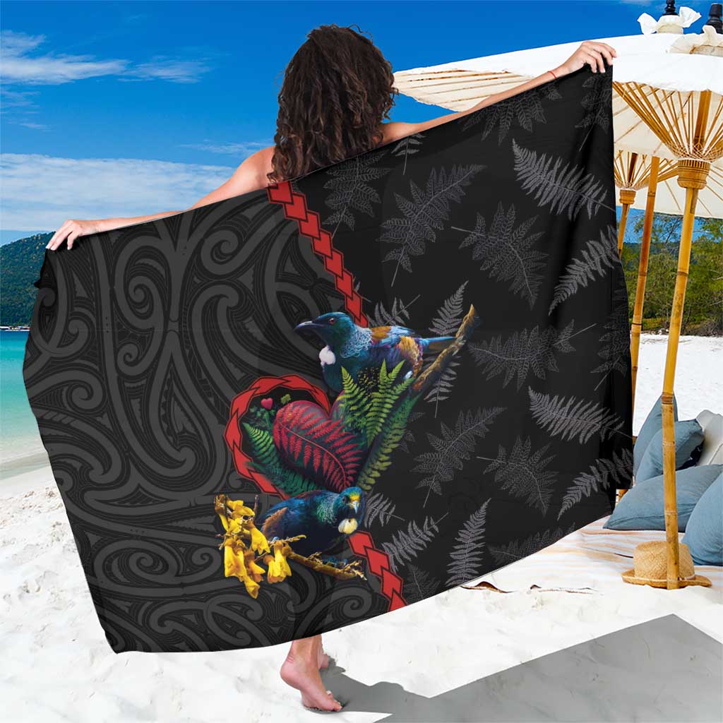 New Zealand Tui Birds Love Couple Sarong The Heart of Silver Fern Leaves and Maori Tattoo Pattern