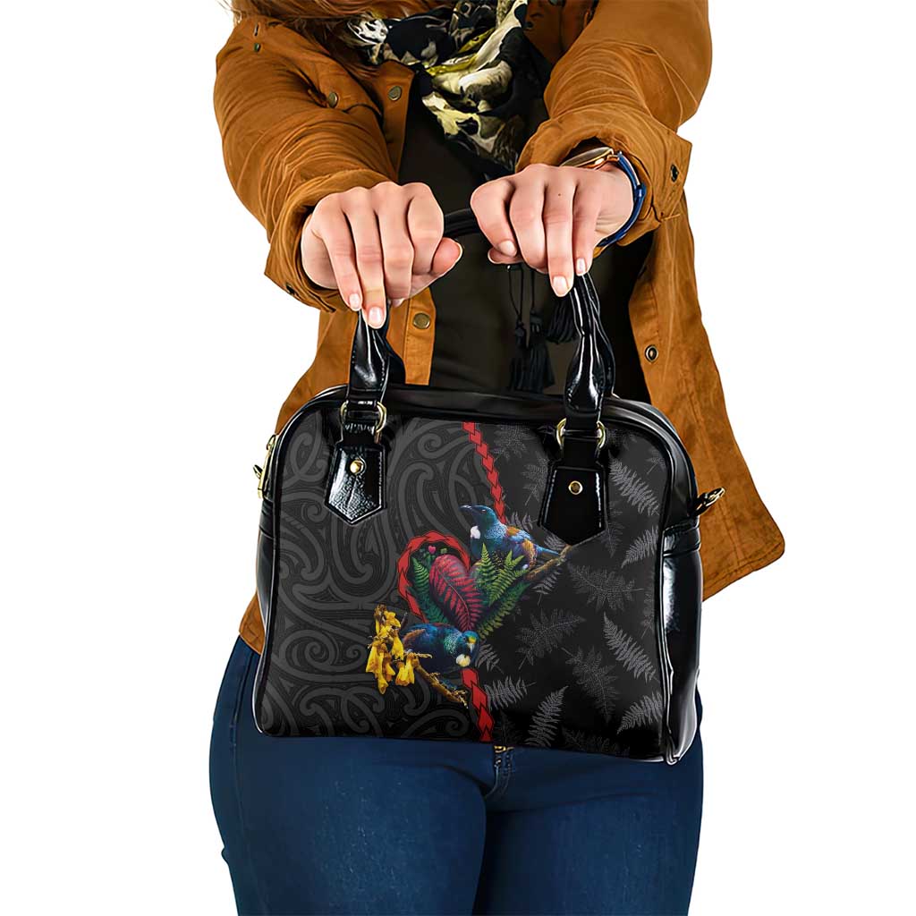 New Zealand Tui Birds Love Couple Shoulder Handbag The Heart of Silver Fern Leaves and Maori Tattoo Pattern