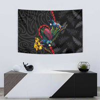 New Zealand Tui Birds Love Couple Tapestry The Heart of Silver Fern Leaves and Maori Tattoo Pattern