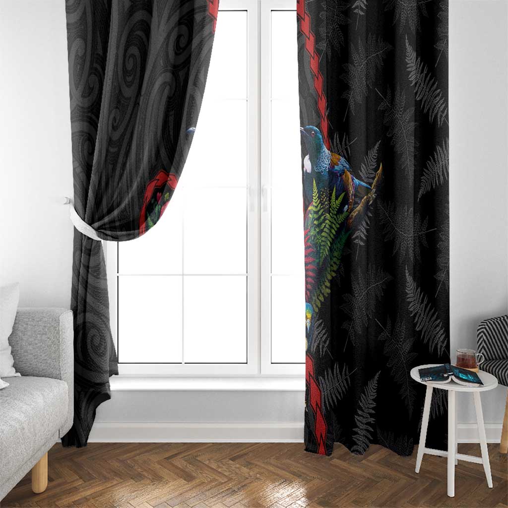 New Zealand Tui Birds Love Couple Window Curtain The Heart of Silver Fern Leaves and Maori Tattoo Pattern