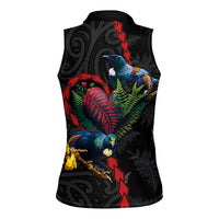 New Zealand Tui Birds Love Couple Women Sleeveless Polo Shirt The Heart of Silver Fern Leaves and Maori Tattoo Pattern