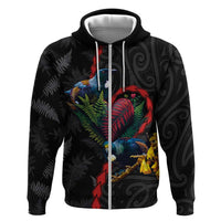 New Zealand Tui Birds Love Couple Zip Hoodie The Heart of Silver Fern Leaves and Maori Tattoo Pattern