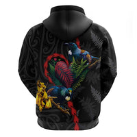 New Zealand Tui Birds Love Couple Zip Hoodie The Heart of Silver Fern Leaves and Maori Tattoo Pattern