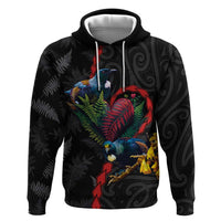 New Zealand Tui Birds Love Couple Zip Hoodie The Heart of Silver Fern Leaves and Maori Tattoo Pattern