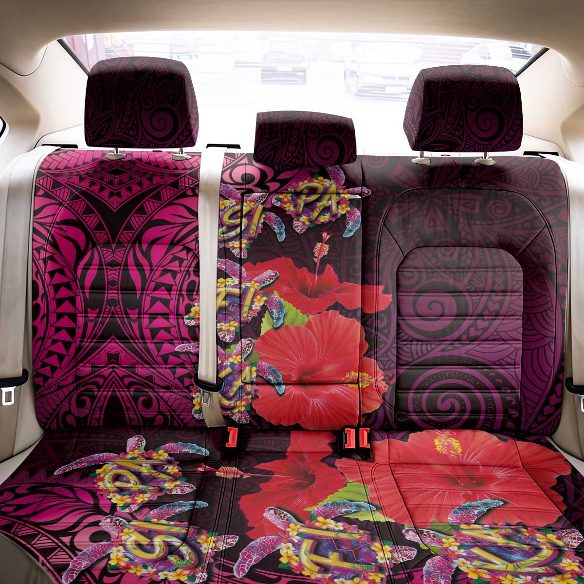Pasifika Festival Back Car Seat Cover Plumeria Turtles with Hibiscus - Polynesian Art Tattoo Pink Color
