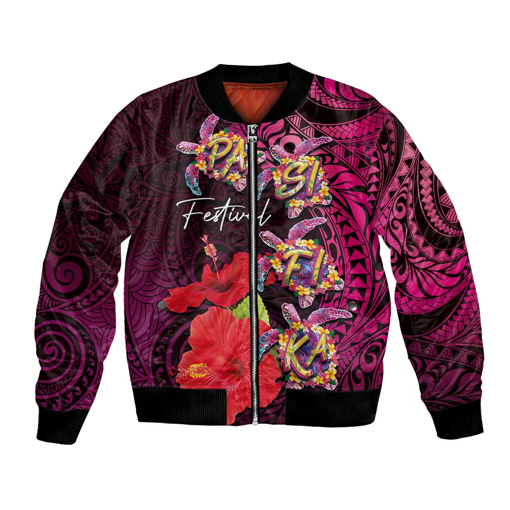 Pasifika Festival Bomber Jacket Plumeria Turtles with Hibiscus - Polynesian Art Tattoo Pink Color