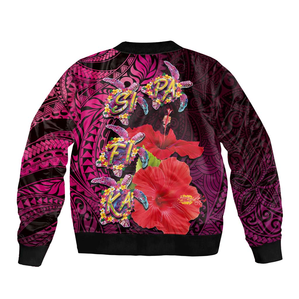 Pasifika Festival Bomber Jacket Plumeria Turtles with Hibiscus - Polynesian Art Tattoo Pink Color