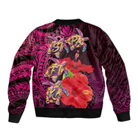 Pasifika Festival Bomber Jacket Plumeria Turtles with Hibiscus - Polynesian Art Tattoo Pink Color