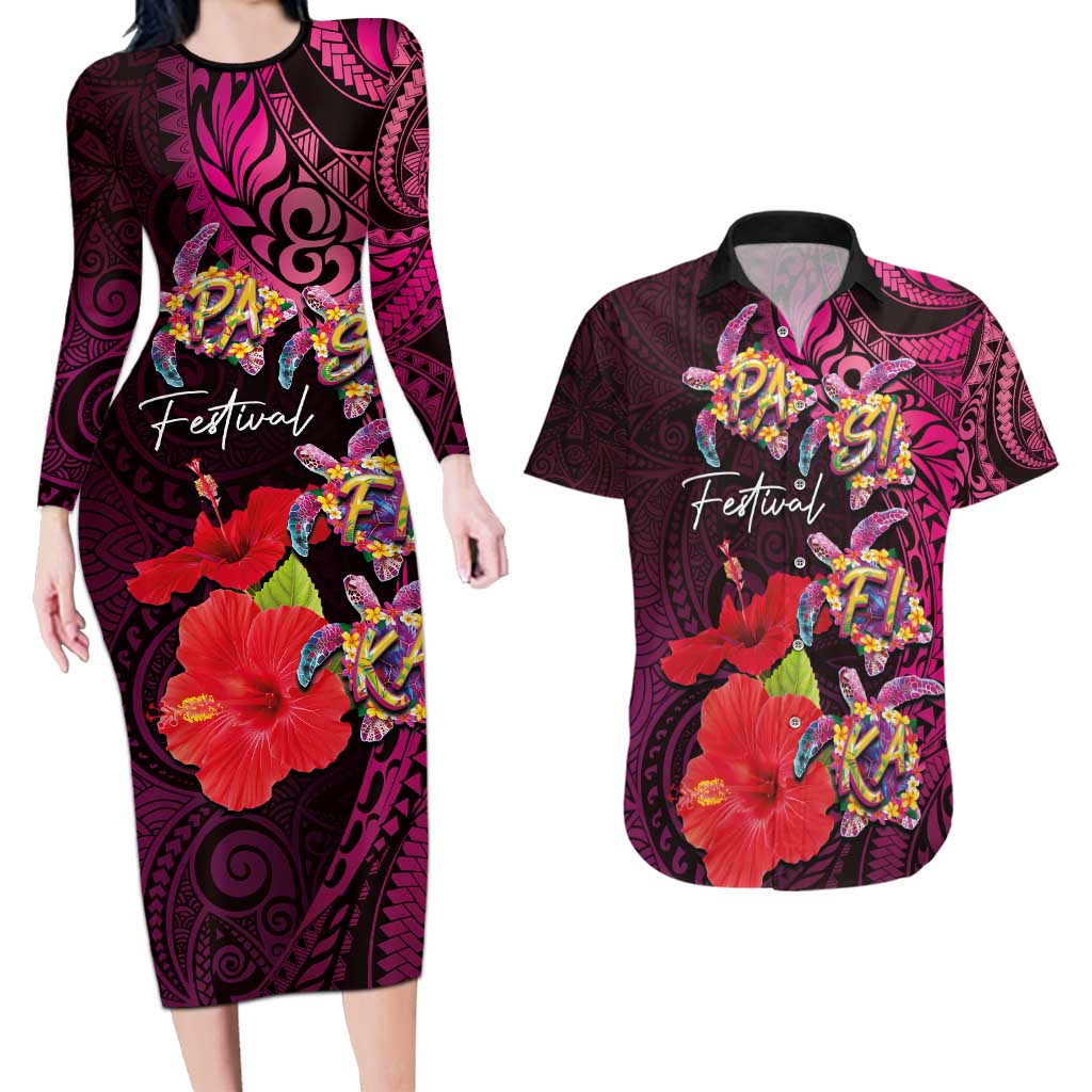 Pasifika Festival Couples Matching Long Sleeve Bodycon Dress and Hawaiian Shirt Plumeria Turtles with Hibiscus - Polynesian Art Tattoo Pink Color