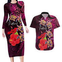 Pasifika Festival Couples Matching Long Sleeve Bodycon Dress and Hawaiian Shirt Plumeria Turtles with Hibiscus - Polynesian Art Tattoo Pink Color