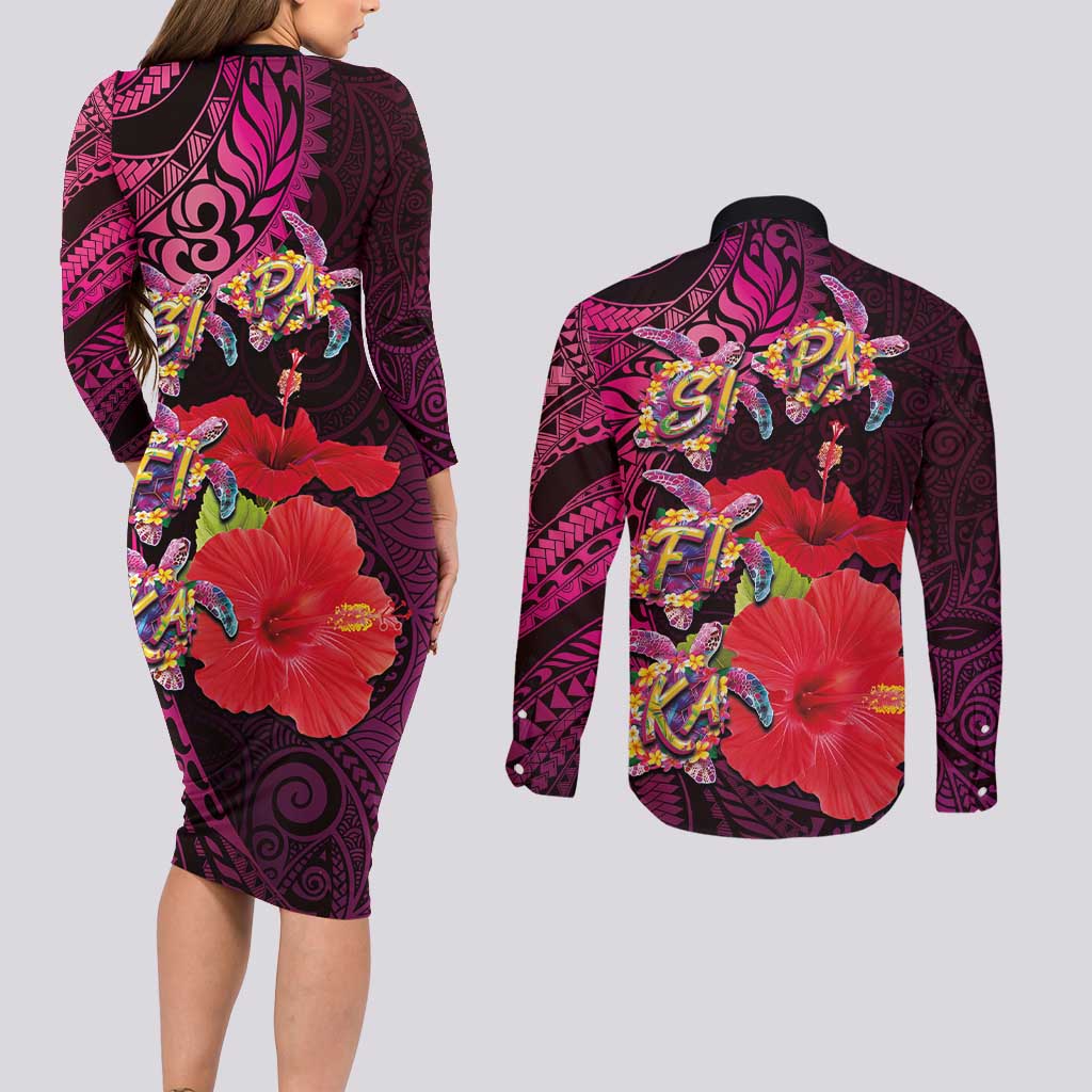 Pasifika Festival Couples Matching Long Sleeve Bodycon Dress and Long Sleeve Button Shirt Plumeria Turtles with Hibiscus - Polynesian Art Tattoo Pink Color