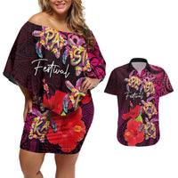 Pasifika Festival Couples Matching Off Shoulder Short Dress and Hawaiian Shirt Plumeria Turtles with Hibiscus - Polynesian Art Tattoo Pink Color