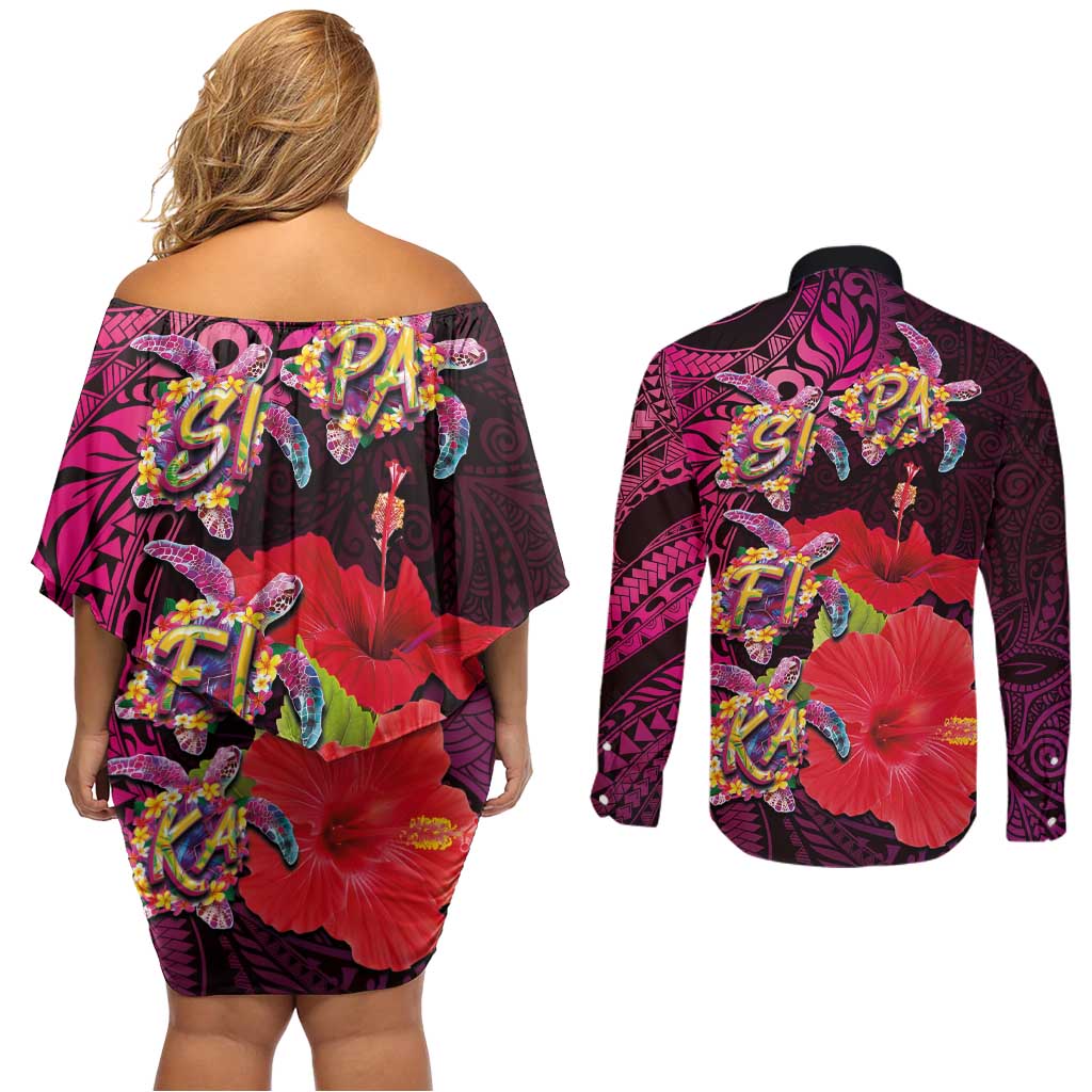 Pasifika Festival Couples Matching Off Shoulder Short Dress and Long Sleeve Button Shirt Plumeria Turtles with Hibiscus - Polynesian Art Tattoo Pink Color