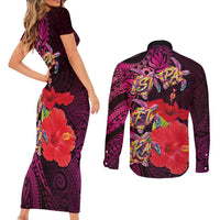 Pasifika Festival Couples Matching Short Sleeve Bodycon Dress and Long Sleeve Button Shirt Plumeria Turtles with Hibiscus - Polynesian Art Tattoo Pink Color
