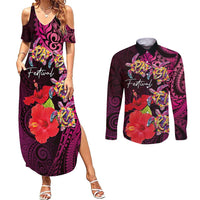 Pasifika Festival Couples Matching Summer Maxi Dress and Long Sleeve Button Shirt Plumeria Turtles with Hibiscus - Polynesian Art Tattoo Pink Color