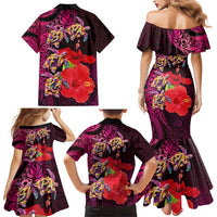 Pasifika Festival Family Matching Mermaid Dress and Hawaiian Shirt Plumeria Turtles with Hibiscus - Polynesian Art Tattoo Pink Color