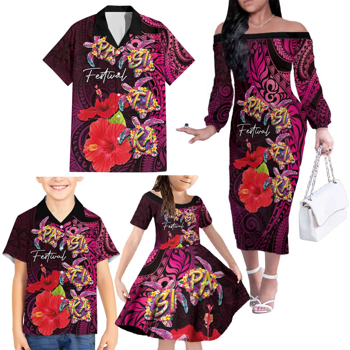 Pasifika Festival Family Matching Off The Shoulder Long Sleeve Dress and Hawaiian Shirt Plumeria Turtles with Hibiscus - Polynesian Art Tattoo Pink Color