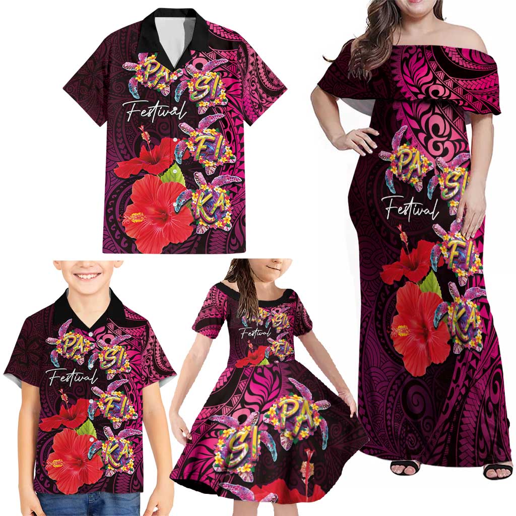 Pasifika Festival Family Matching Off Shoulder Maxi Dress and Hawaiian Shirt Plumeria Turtles with Hibiscus - Polynesian Art Tattoo Pink Color