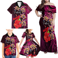 Pasifika Festival Family Matching Off Shoulder Maxi Dress and Hawaiian Shirt Plumeria Turtles with Hibiscus - Polynesian Art Tattoo Pink Color