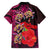 Pasifika Festival Family Matching Off Shoulder Short Dress and Hawaiian Shirt Plumeria Turtles with Hibiscus - Polynesian Art Tattoo Pink Color