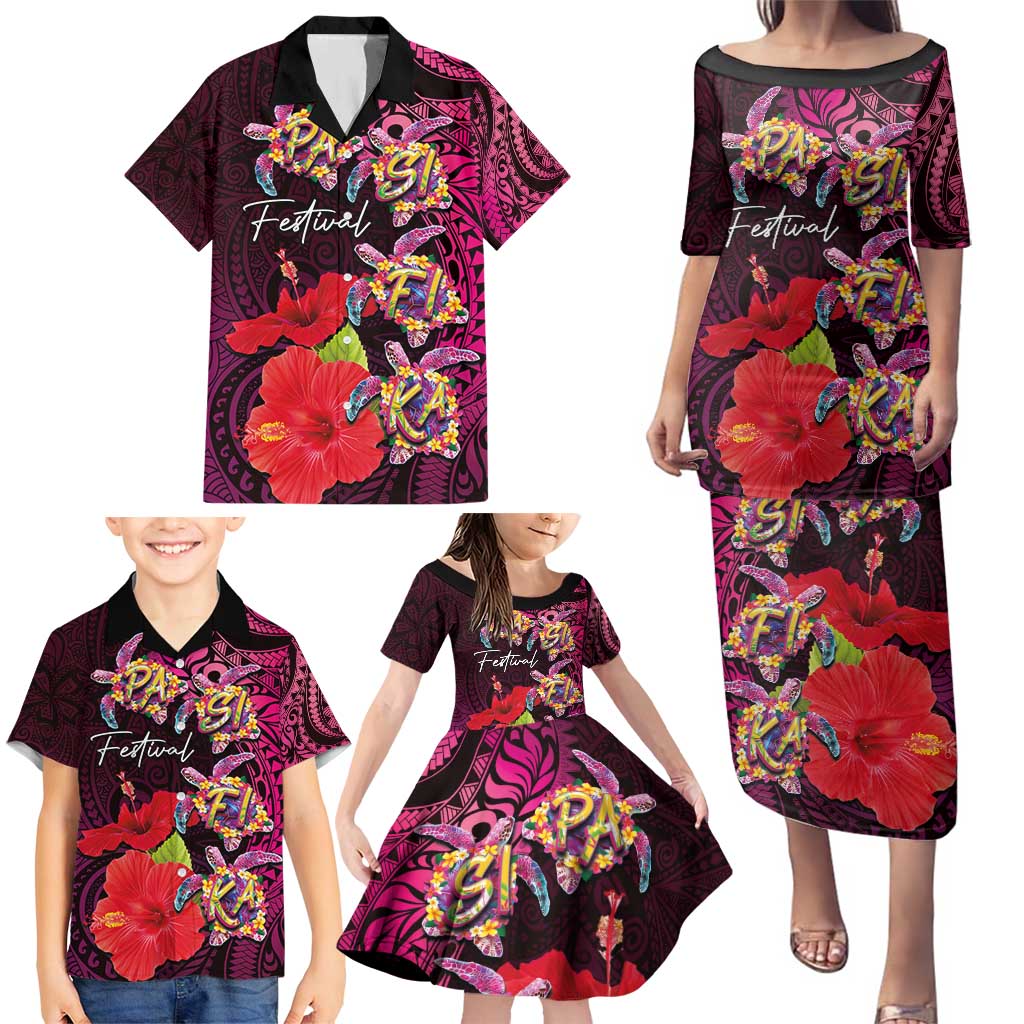 Pasifika Festival Family Matching Puletasi and Hawaiian Shirt Plumeria Turtles with Hibiscus - Polynesian Art Tattoo Pink Color