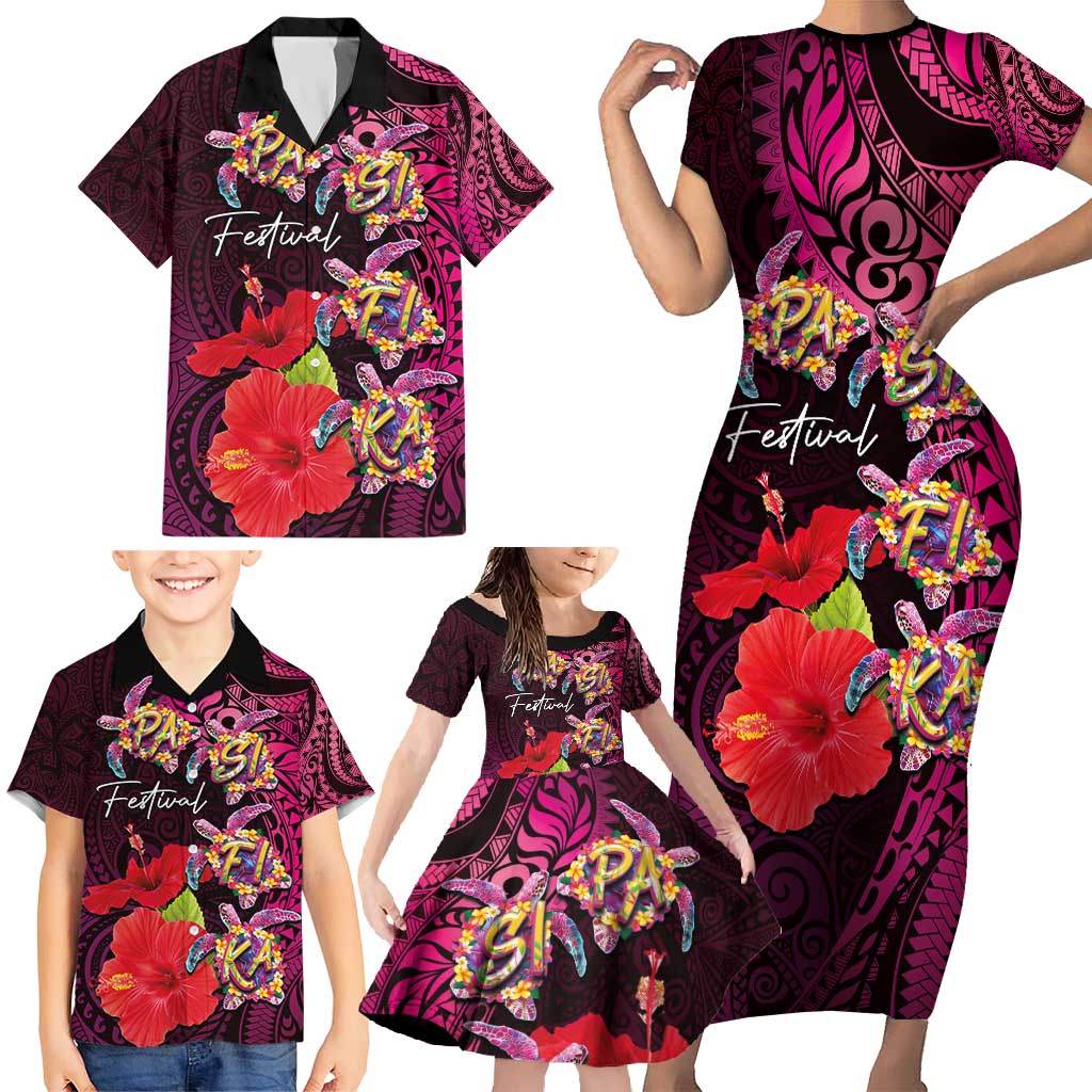 Pasifika Festival Family Matching Short Sleeve Bodycon Dress and Hawaiian Shirt Plumeria Turtles with Hibiscus - Polynesian Art Tattoo Pink Color