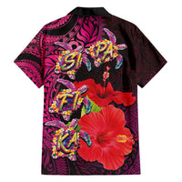 Pasifika Festival Family Matching Short Sleeve Bodycon Dress and Hawaiian Shirt Plumeria Turtles with Hibiscus - Polynesian Art Tattoo Pink Color