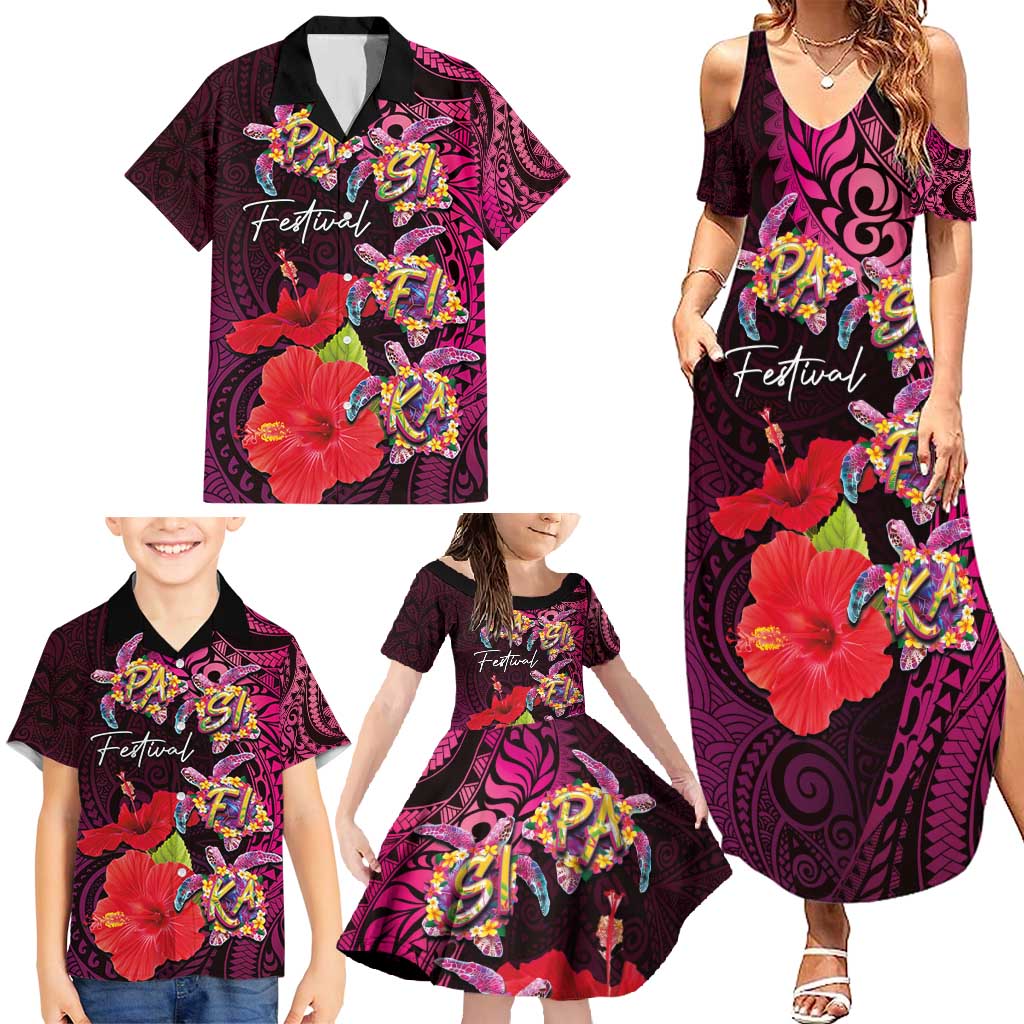 Pasifika Festival Family Matching Summer Maxi Dress and Hawaiian Shirt Plumeria Turtles with Hibiscus - Polynesian Art Tattoo Pink Color