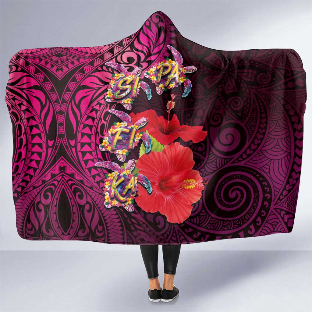 Pasifika Festival Hooded Blanket Plumeria Turtles with Hibiscus - Polynesian Art Tattoo Pink Color LT03 One Size Pink - Polynesian Pride