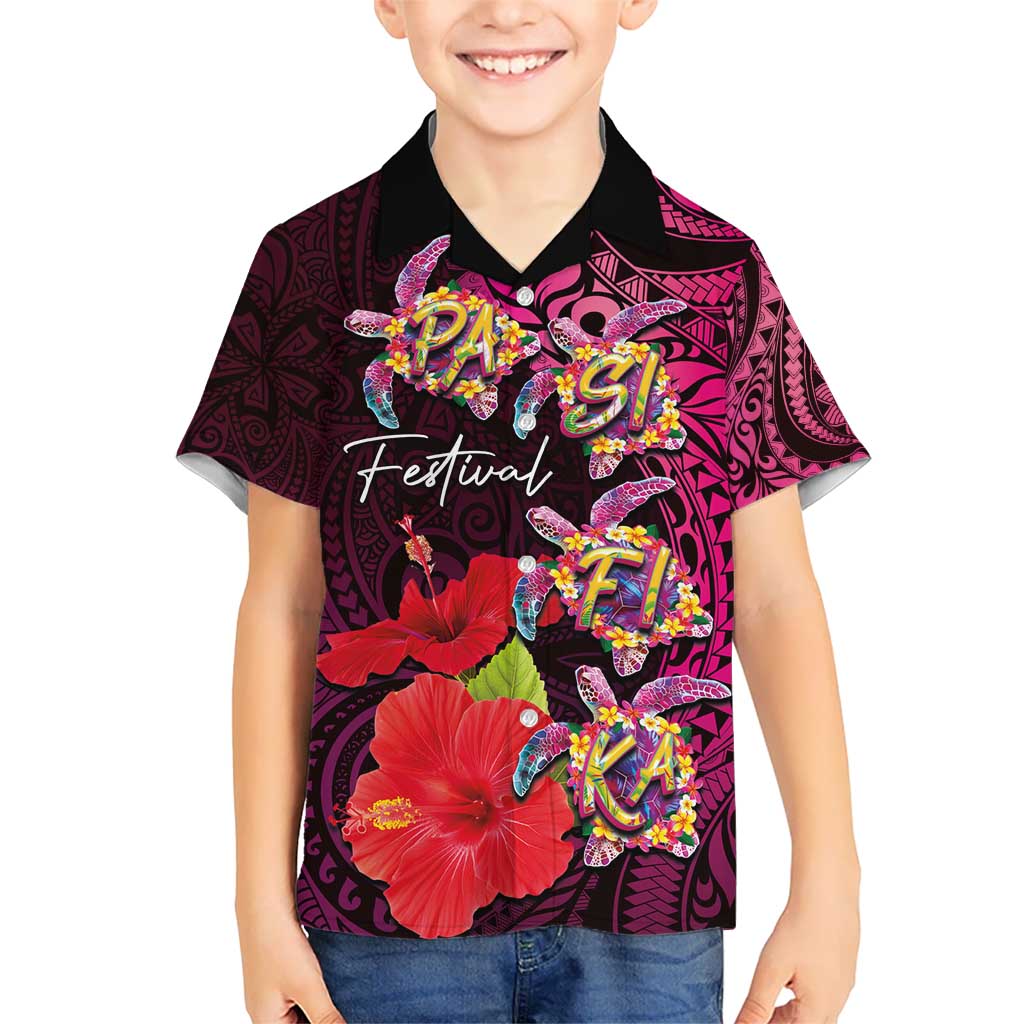 Pasifika Festival Kid Hawaiian Shirt Plumeria Turtles with Hibiscus - Polynesian Art Tattoo Pink Color