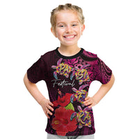 Pasifika Festival Kid T Shirt Plumeria Turtles with Hibiscus - Polynesian Art Tattoo Pink Color