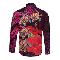 Pasifika Festival Long Sleeve Button Shirt Plumeria Turtles with Hibiscus - Polynesian Art Tattoo Pink Color