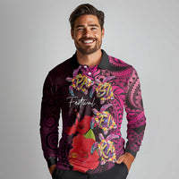 Pasifika Festival Long Sleeve Polo Shirt Plumeria Turtles with Hibiscus - Polynesian Art Tattoo Pink Color
