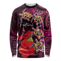 Pasifika Festival Long Sleeve Shirt Plumeria Turtles with Hibiscus - Polynesian Art Tattoo Pink Color
