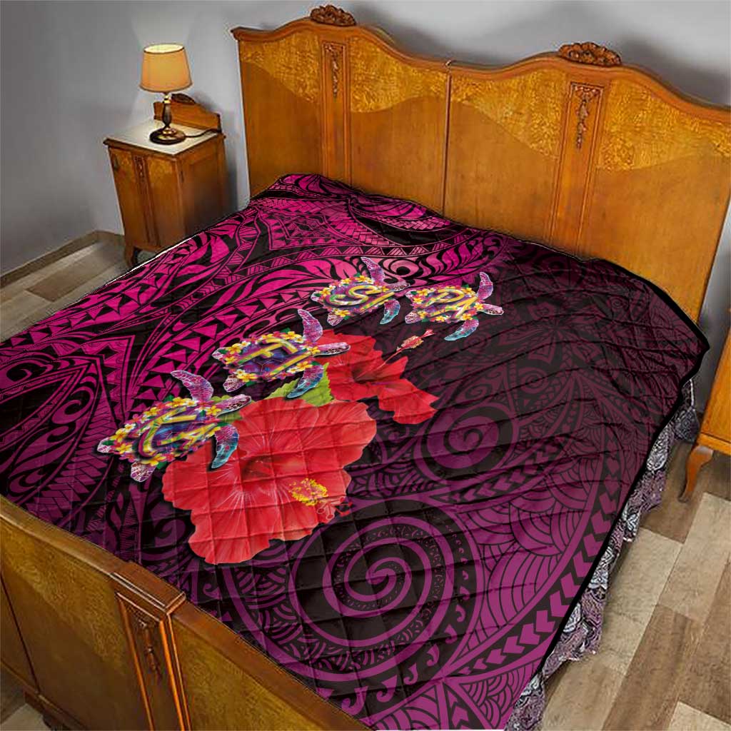 Pasifika Festival Quilt Plumeria Turtles with Hibiscus - Polynesian Art Tattoo Pink Color