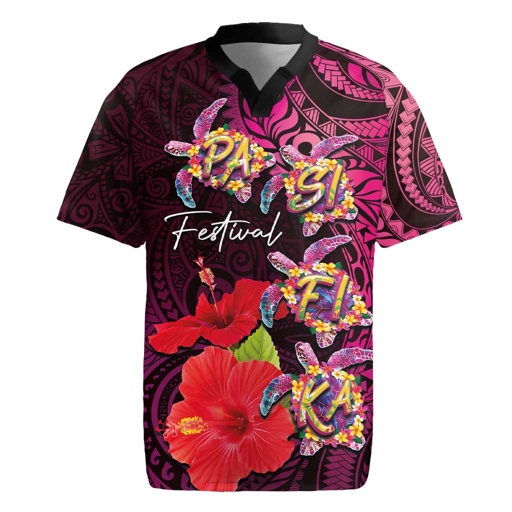 Pasifika Festival Rugby Jersey Plumeria Turtles with Hibiscus - Polynesian Art Tattoo Pink Color