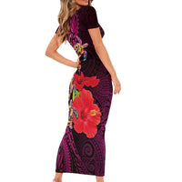Pasifika Festival Short Sleeve Bodycon Dress Plumeria Turtles with Hibiscus - Polynesian Art Tattoo Pink Color