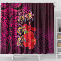 Pasifika Festival Shower Curtain Plumeria Turtles with Hibiscus - Polynesian Art Tattoo Pink Color