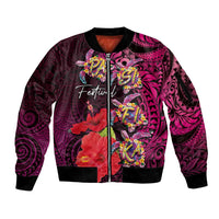 Pasifika Festival Sleeve Zip Bomber Jacket Plumeria Turtles with Hibiscus - Polynesian Art Tattoo Pink Color
