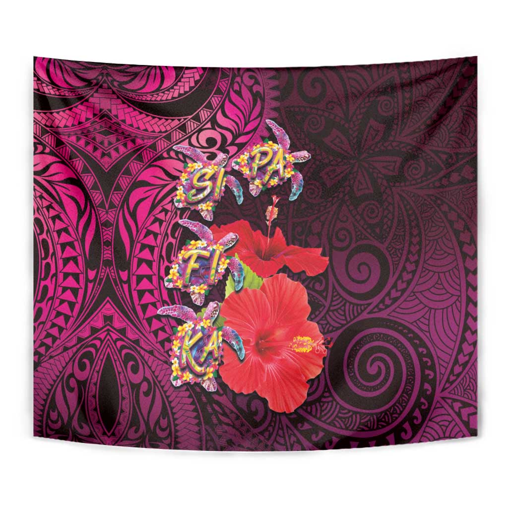 Pasifika Festival Tapestry Plumeria Turtles with Hibiscus - Polynesian Art Tattoo Pink Color