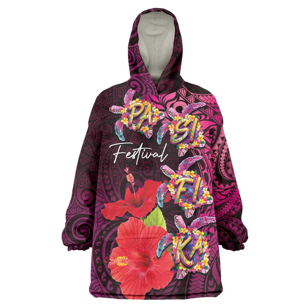 Pasifika Festival Wearable Blanket Hoodie Plumeria Turtles with Hibiscus - Polynesian Art Tattoo Pink Color