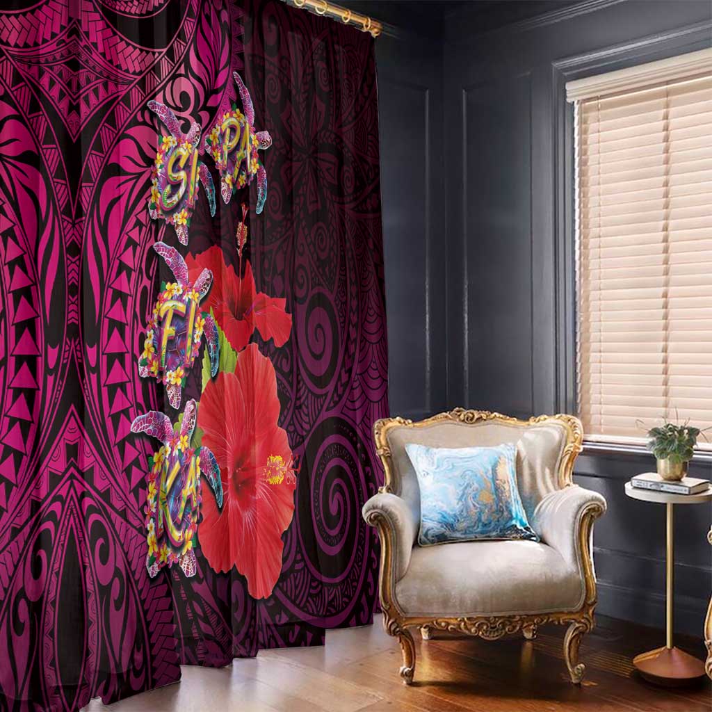 Pasifika Festival Window Curtain Plumeria Turtles with Hibiscus - Polynesian Art Tattoo Pink Color