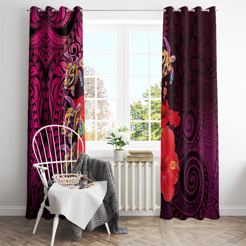 Pasifika Festival Window Curtain Plumeria Turtles with Hibiscus - Polynesian Art Tattoo Pink Color